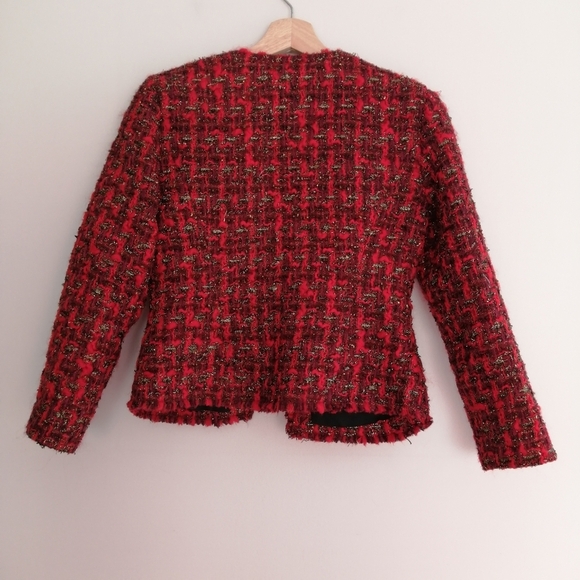 IRO Disco Frayed Metallic Bouclé-Tweed Blazer Jacket Red Wool Open Front 34 2 US - Picture 6 of 17